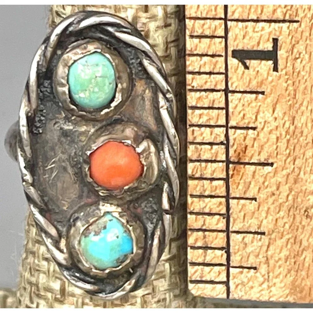 Navajo Sterling Silver Turquoise Coral Ring Early Handmade Size 3.25 Tested
